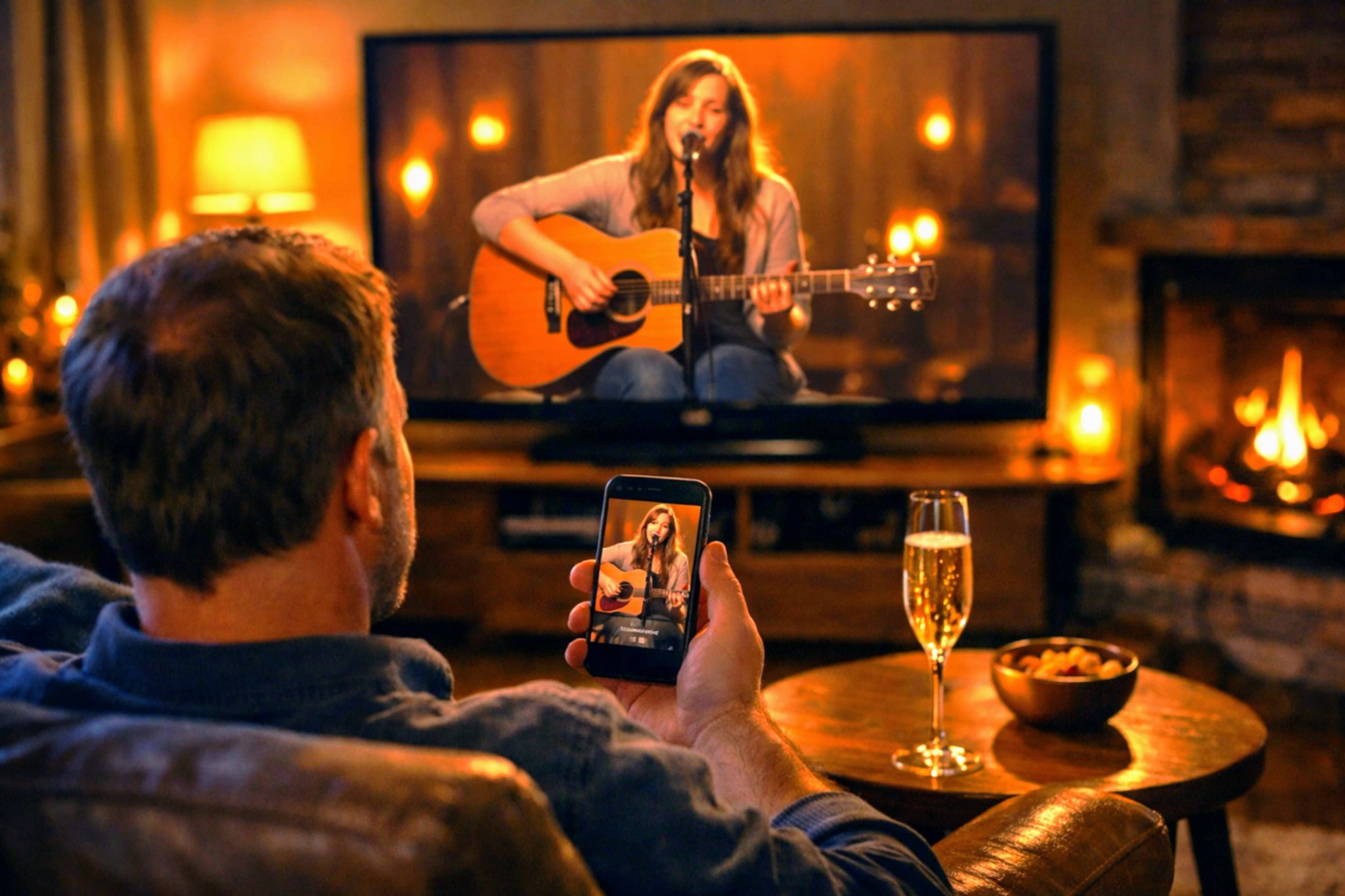 Un homme regarde une chanteuse à la guitare sur sa télévision et son smartphone