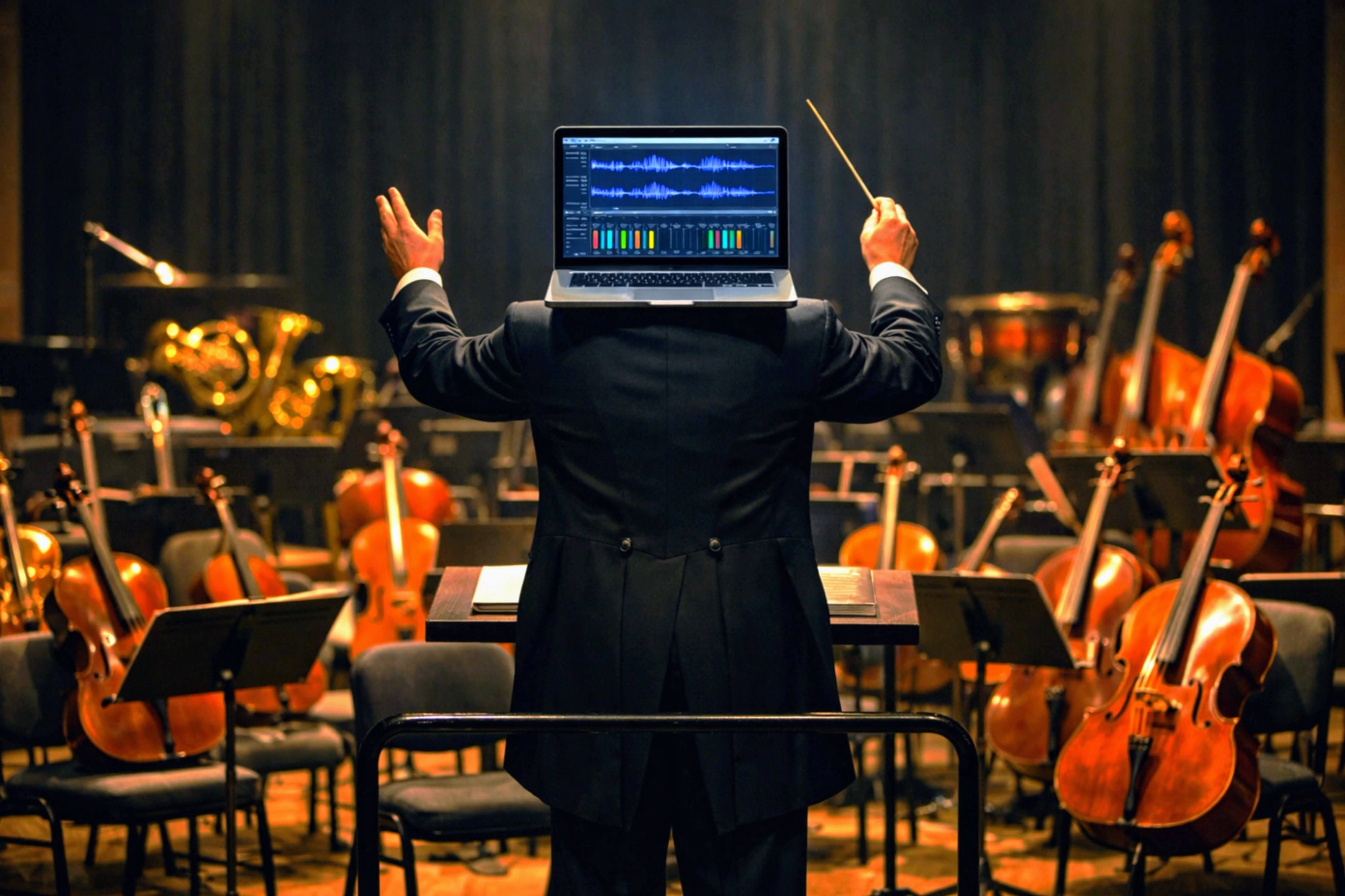 Chef d’orchestre avec un ordinateur affichant des formes d’onde audio