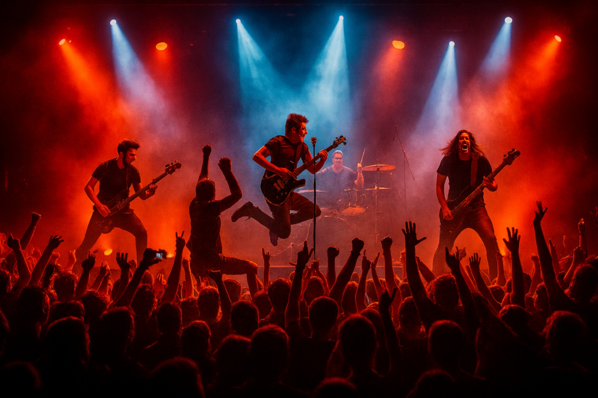 Groupe de rock sur scène devant son public sous des lumières rouges et bleues