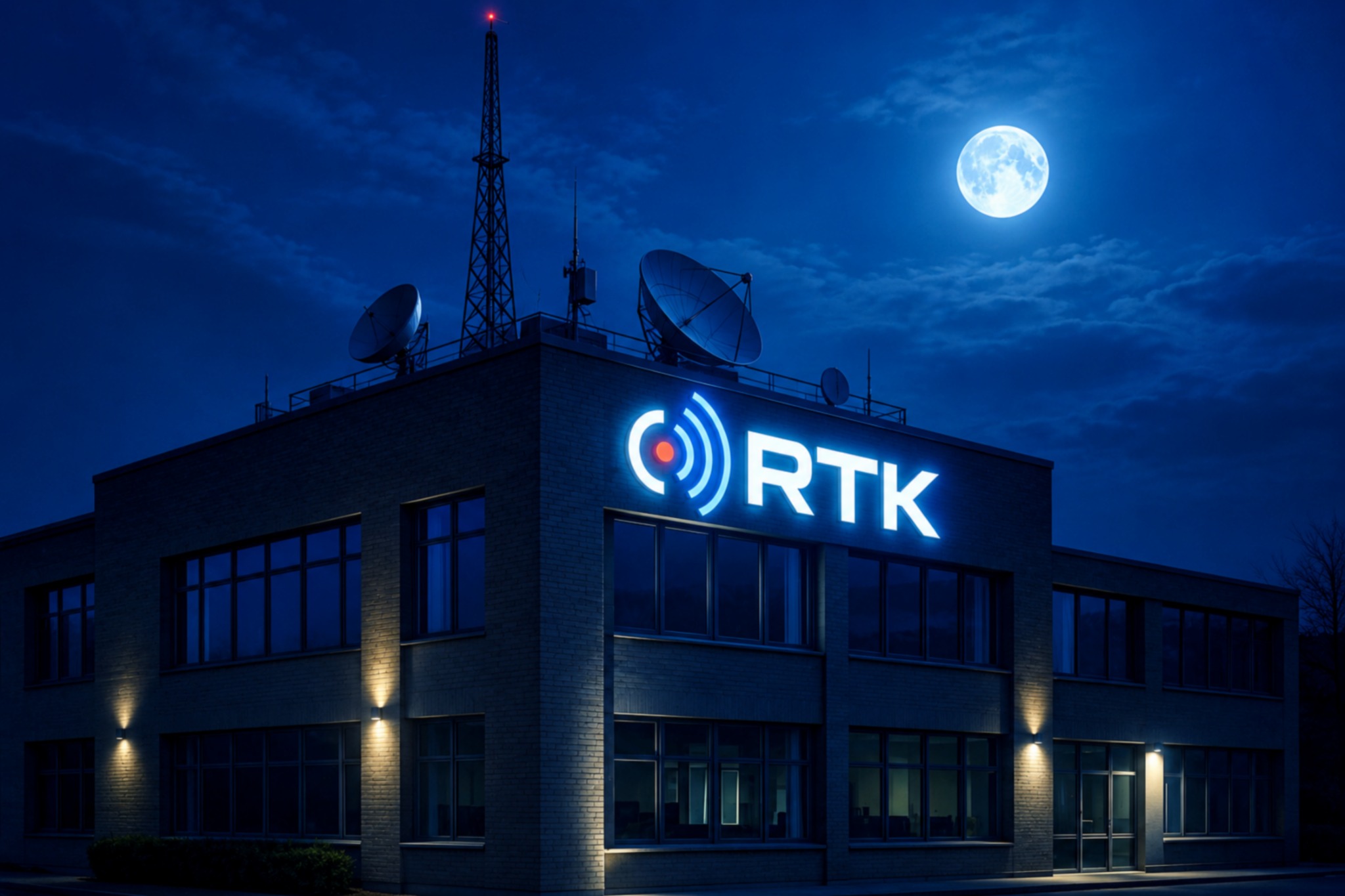 Bâtiment RTK de nuit avec antenne et paraboles