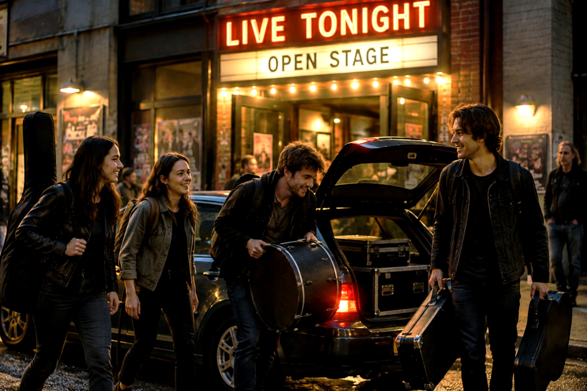 Groupe déchargeant ses instruments devant LIVE TONIGHT — OPEN STAGE