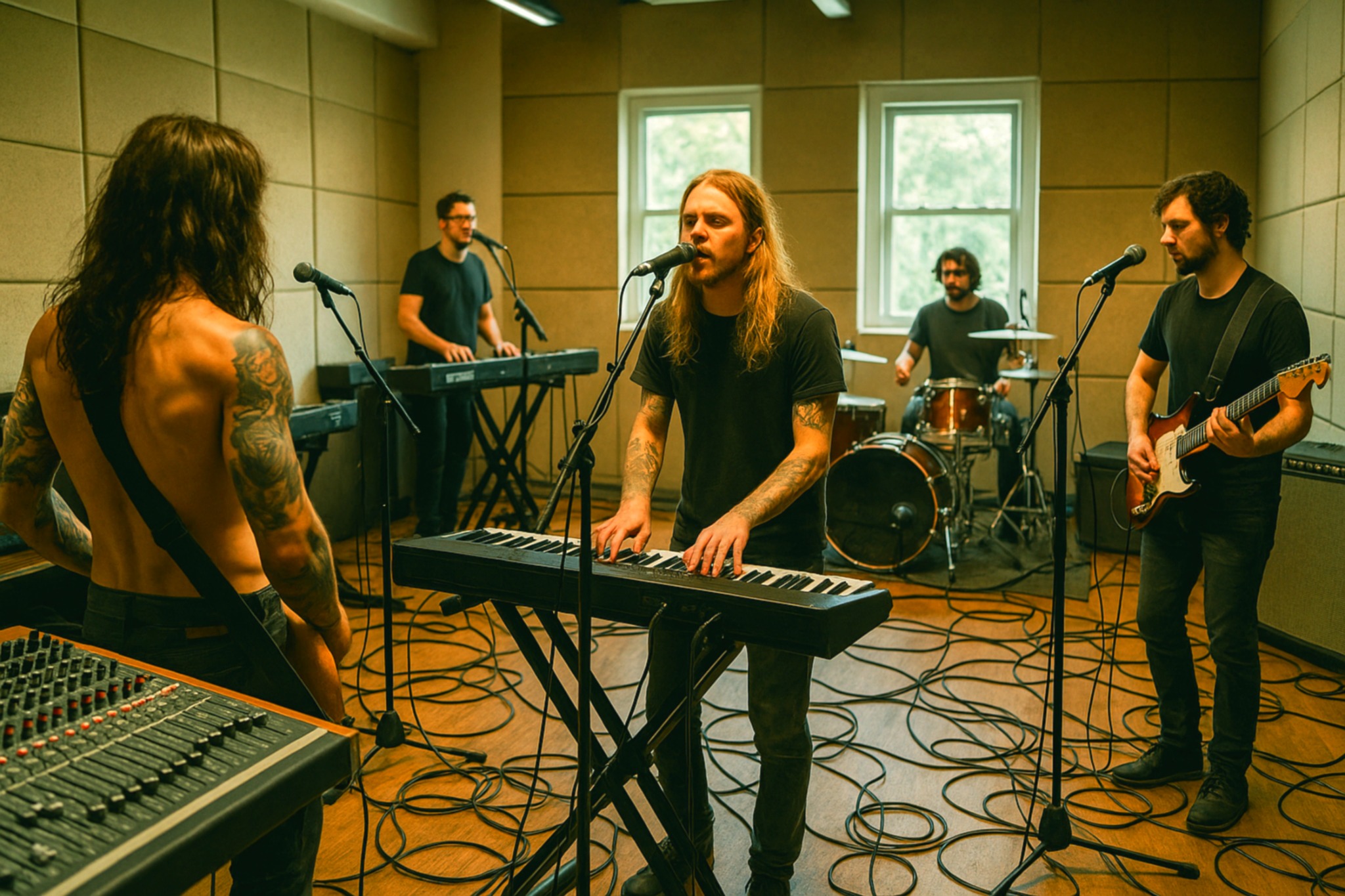 Groupe filmé dans son local avec microphones, claviers, batterie et console
